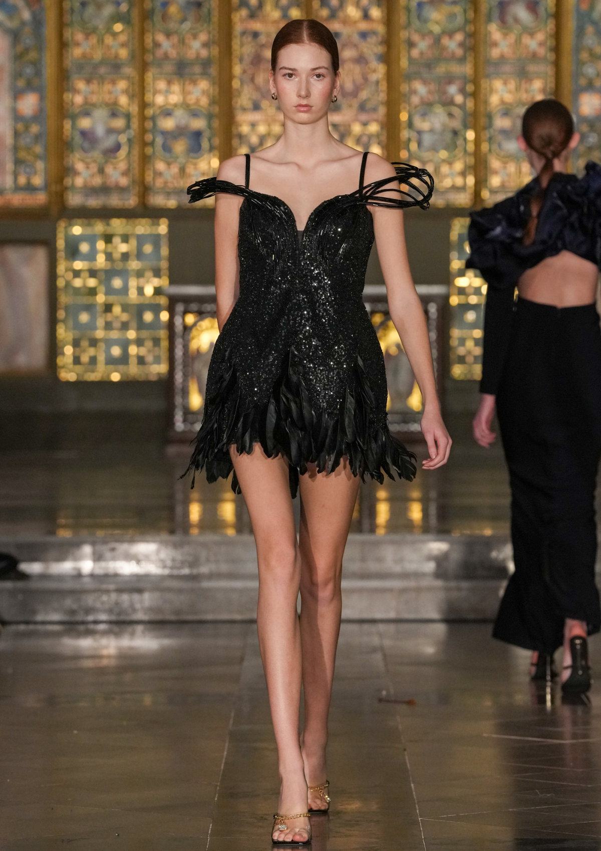 Feathered Sequin Midnight Dress