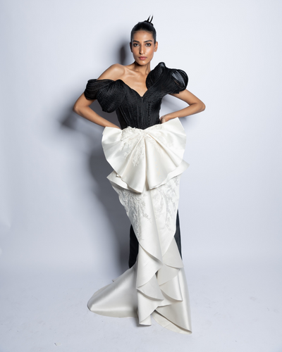 Flora in structured monochrome gown
