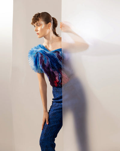 Lillian in blue ombray top with brocade pants