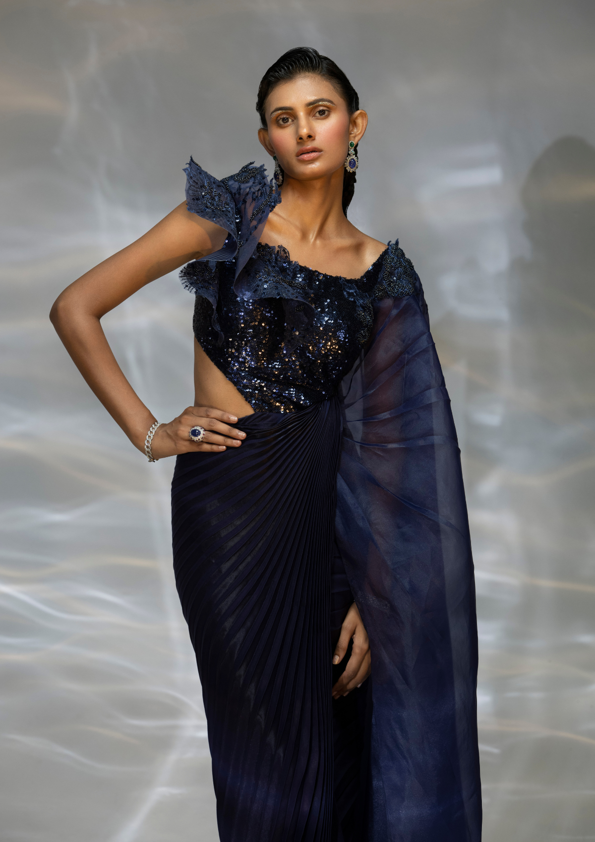 Midnight Elegance Cascade Saree