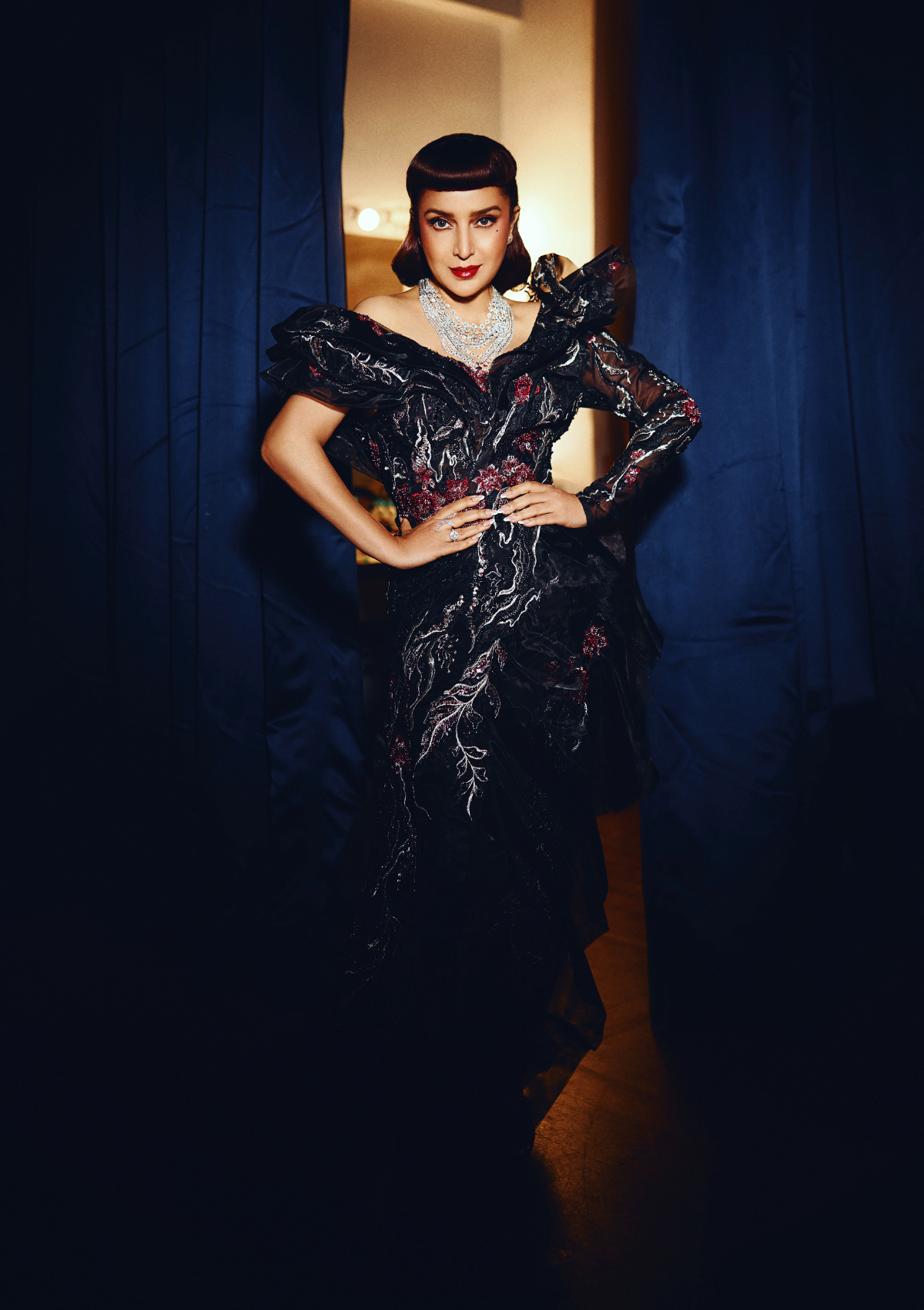 Tisca Chopra In Midnight Blossom Ruffle Gown