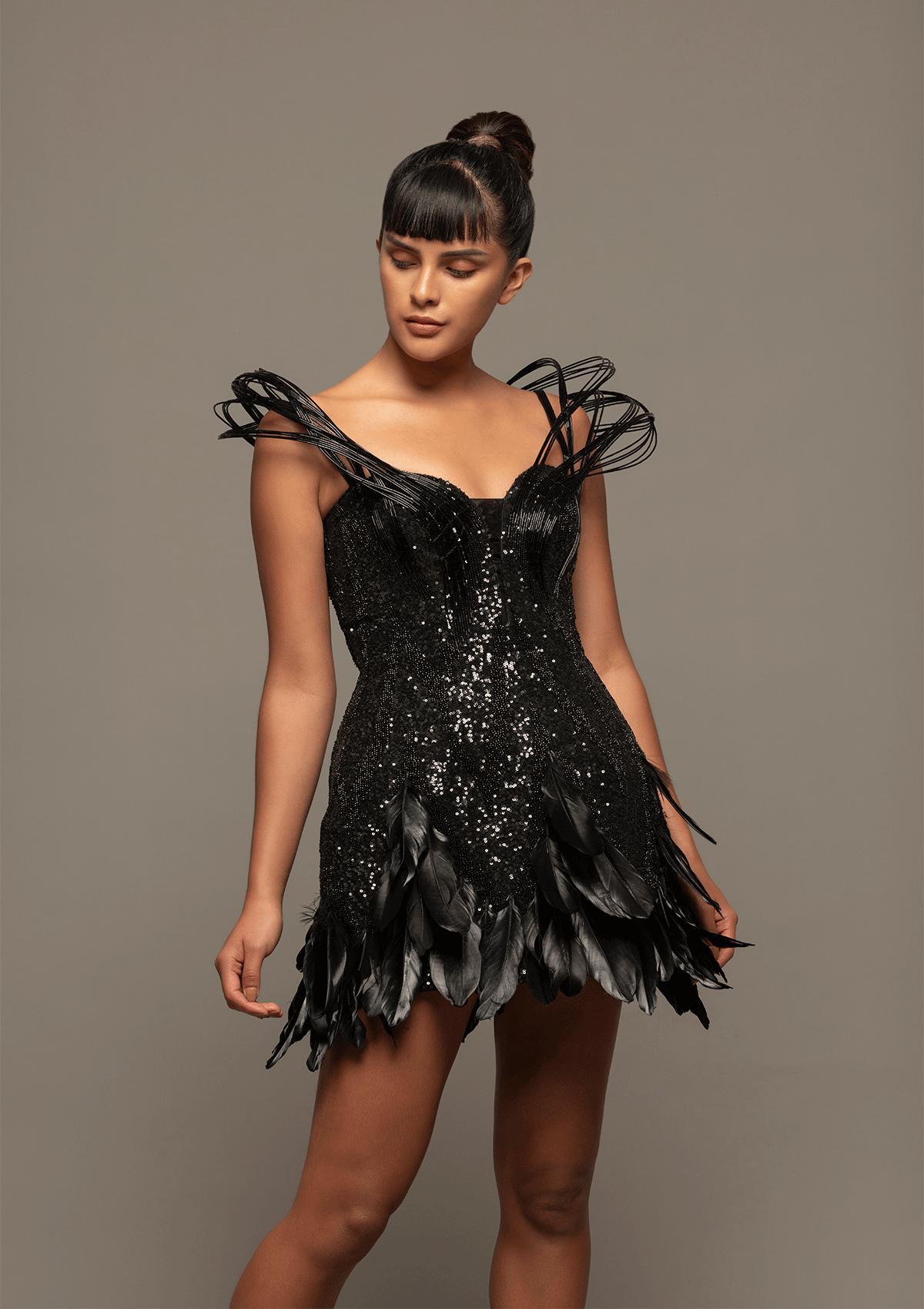 Midnight Mystique Feathered Sequin Dress