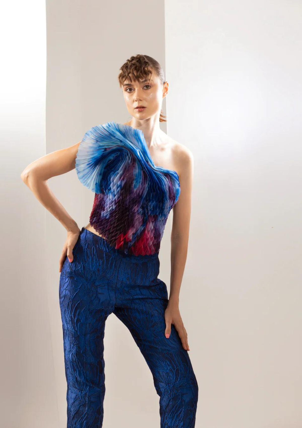 Lillian in blue ombray top with brocade pants